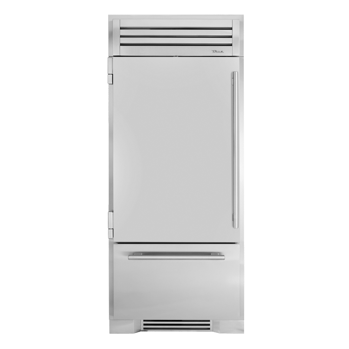 Front view of True Residential stainless steel bottom freezer refrigerator