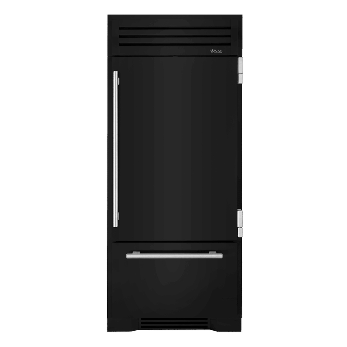 True Residential bottom freezer refrigerator shown in black finish with opposite hinge orientation
