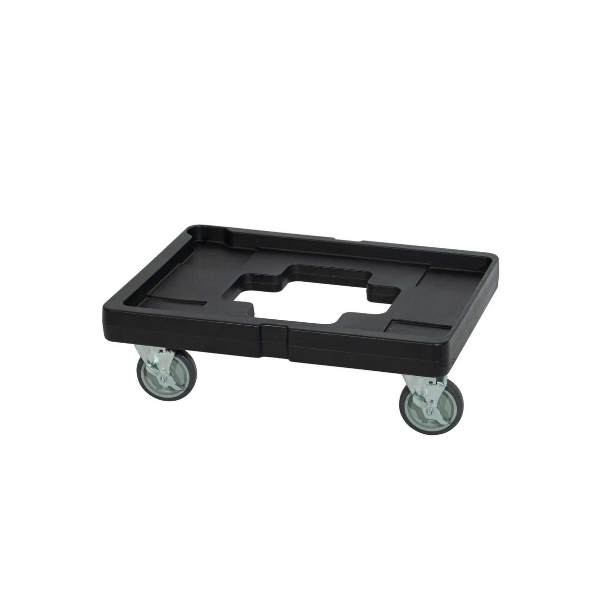 TR-400 Cresco Resco black plastic dolly with four swivel casters for hot food carriers