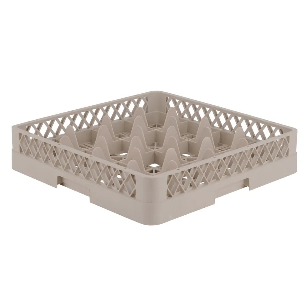 Beige full-size 16-compartment glass rack with open-wall sides