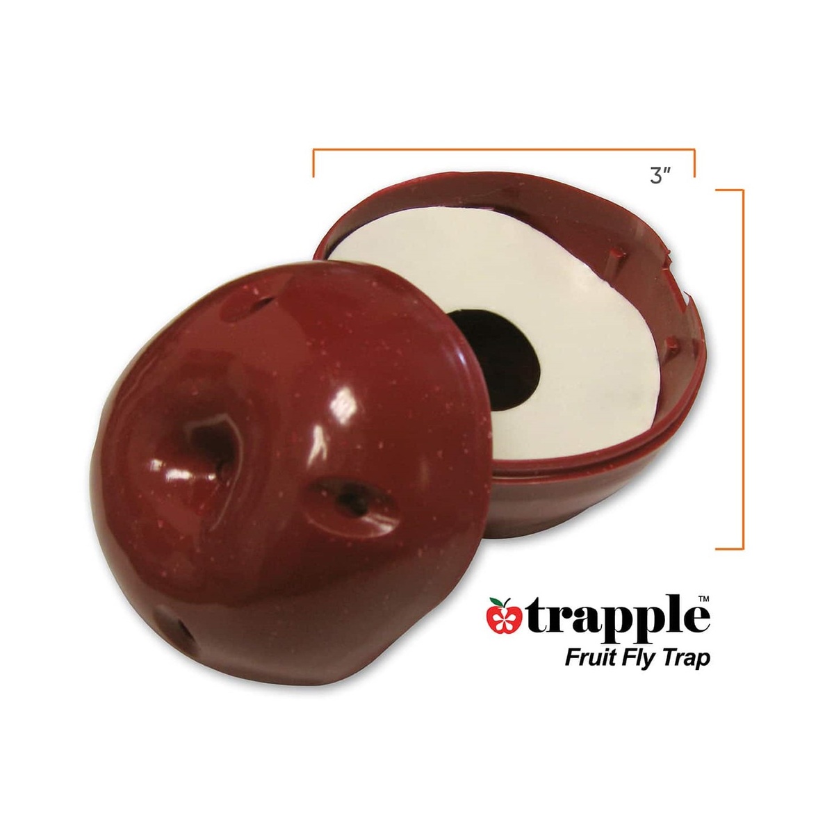 Trapple fruit fly trap shown open and closed, apple-shaped red housing with interior glue board, 3 inches wide