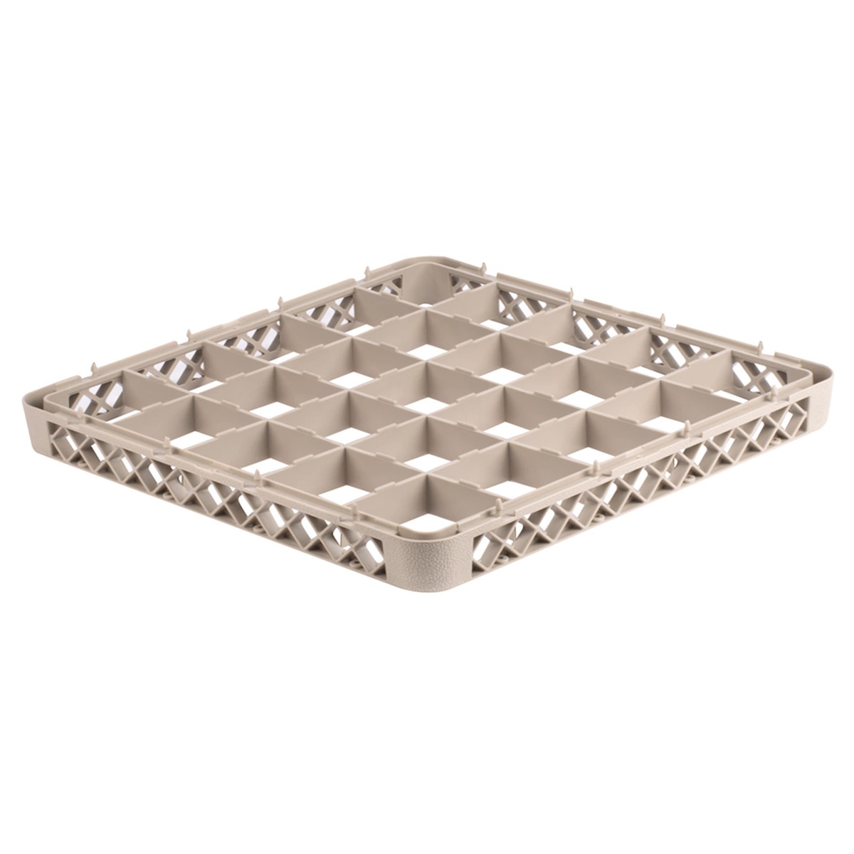 Angled view of beige Vollrath TRB dishwasher rack extender highlighting the compartment dividers