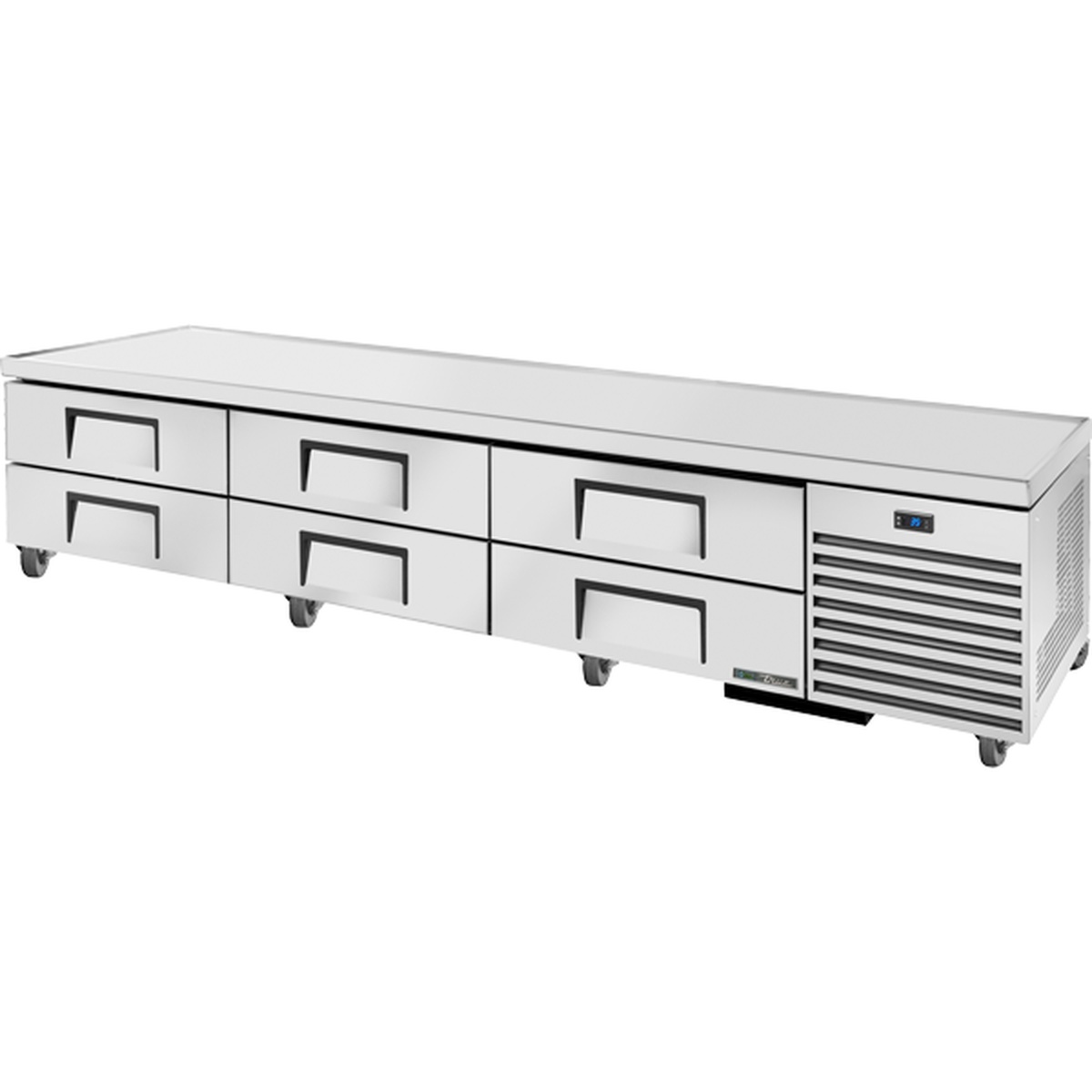 True TRCB-110-HC 110-inch refrigerated chef base with 6 drawers and stainless steel top on casters