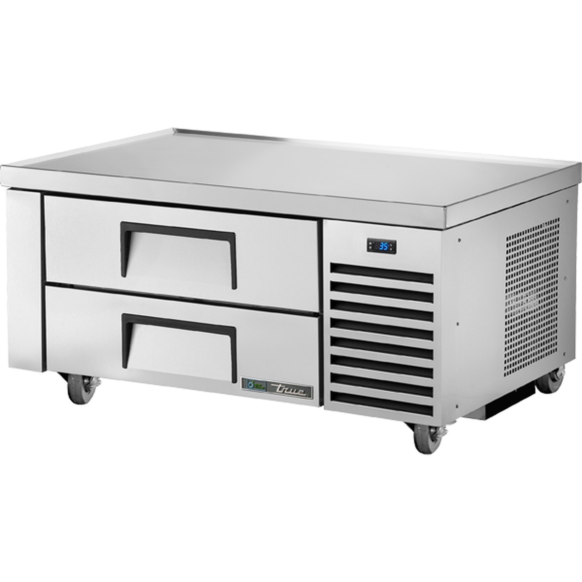True TRCB-48-HC 48-inch refrigerated chef base with two stainless steel drawers and external digital temperature display on casters