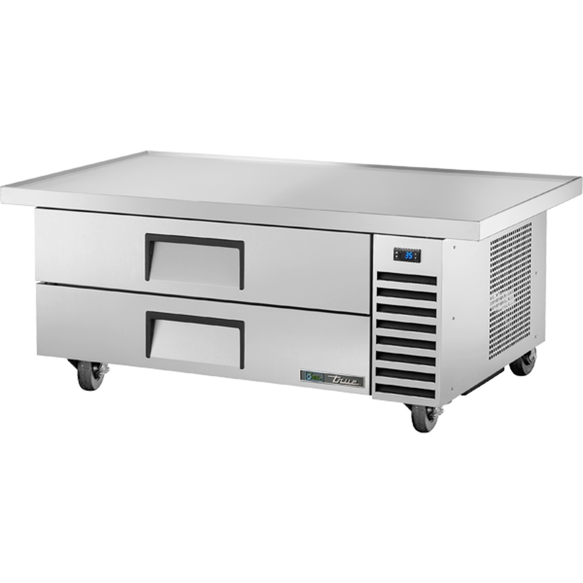 True TRCB-52-60-HC 60-inch refrigerated chef base with 2 stainless steel drawers, digital temperature display, and 4-inch casters