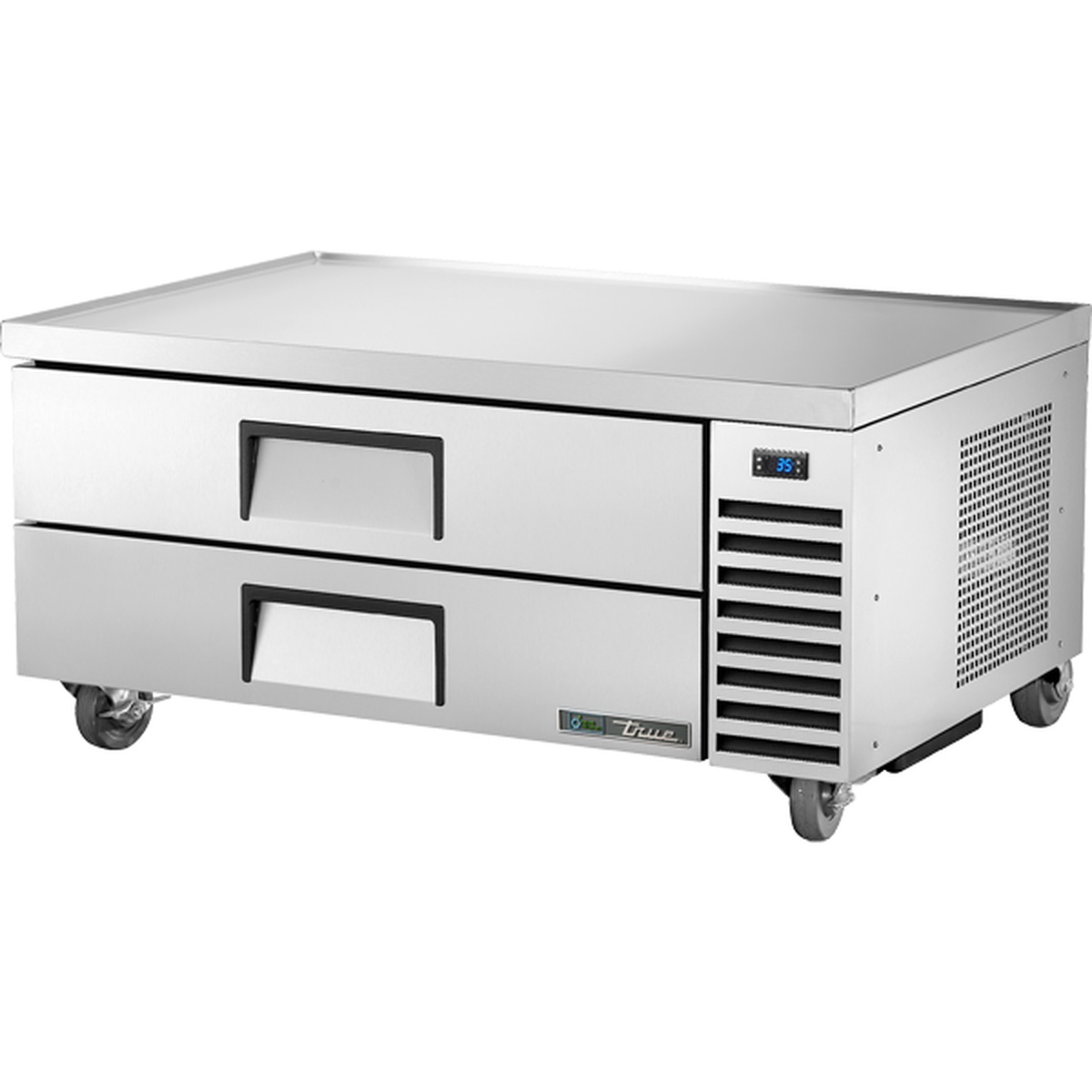 True TRCB-52-HC stainless steel refrigerated chef base with two drawers and 4-inch castors, front three-quarter view