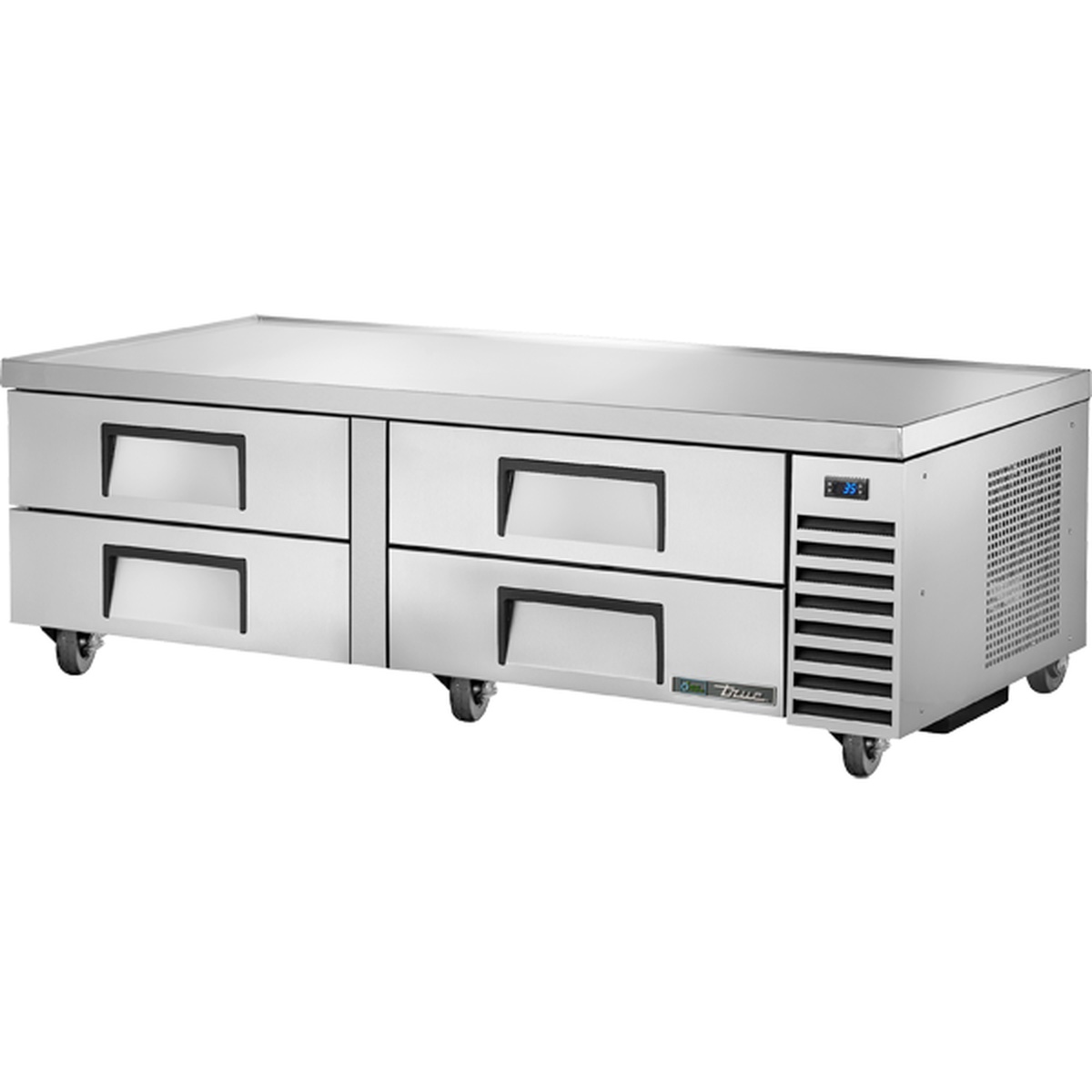 True TRCB-72-HC 72-inch refrigerated chef base with four stainless steel drawers and casters