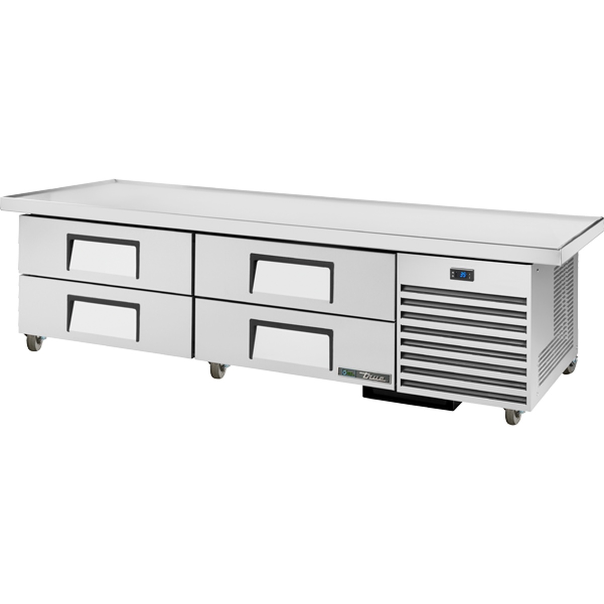 True TRCB-79-86-HC 86-inch refrigerated chef base with four stainless steel drawers and casters