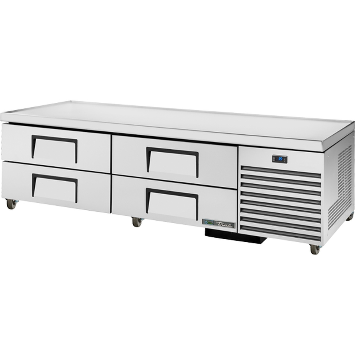 True TRCB-79-HC 79-1/4-inch refrigerated chef base with four stainless steel drawers and side-mounted compressor on casters