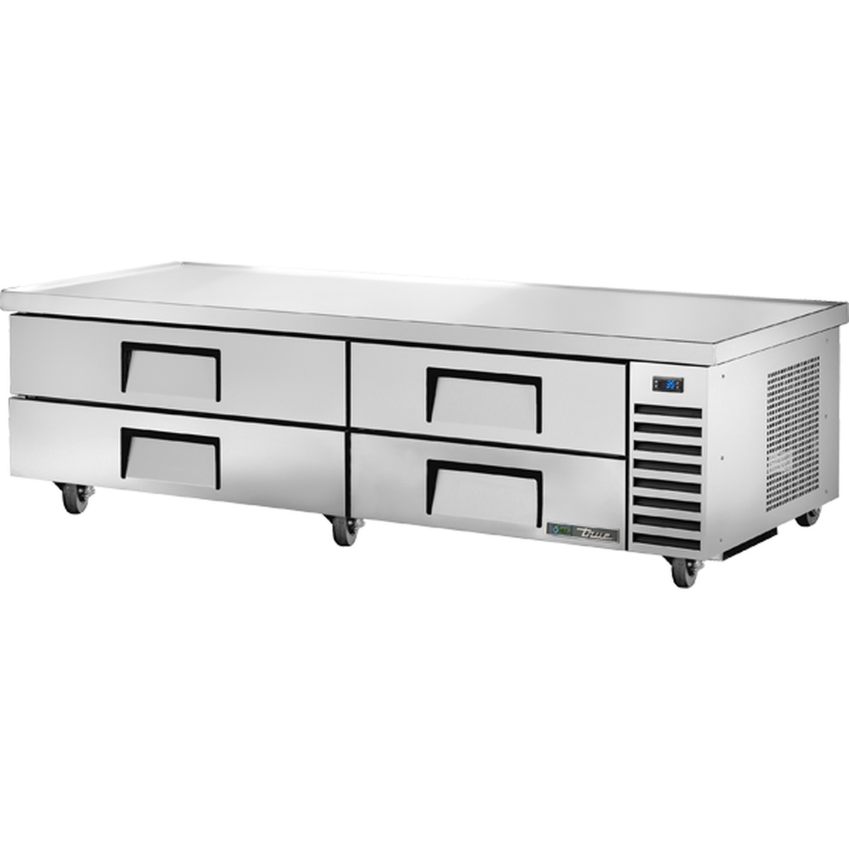 True TRCB-82-84-HC 84-inch 4-drawer refrigerated chef base with stainless steel top and caster wheels