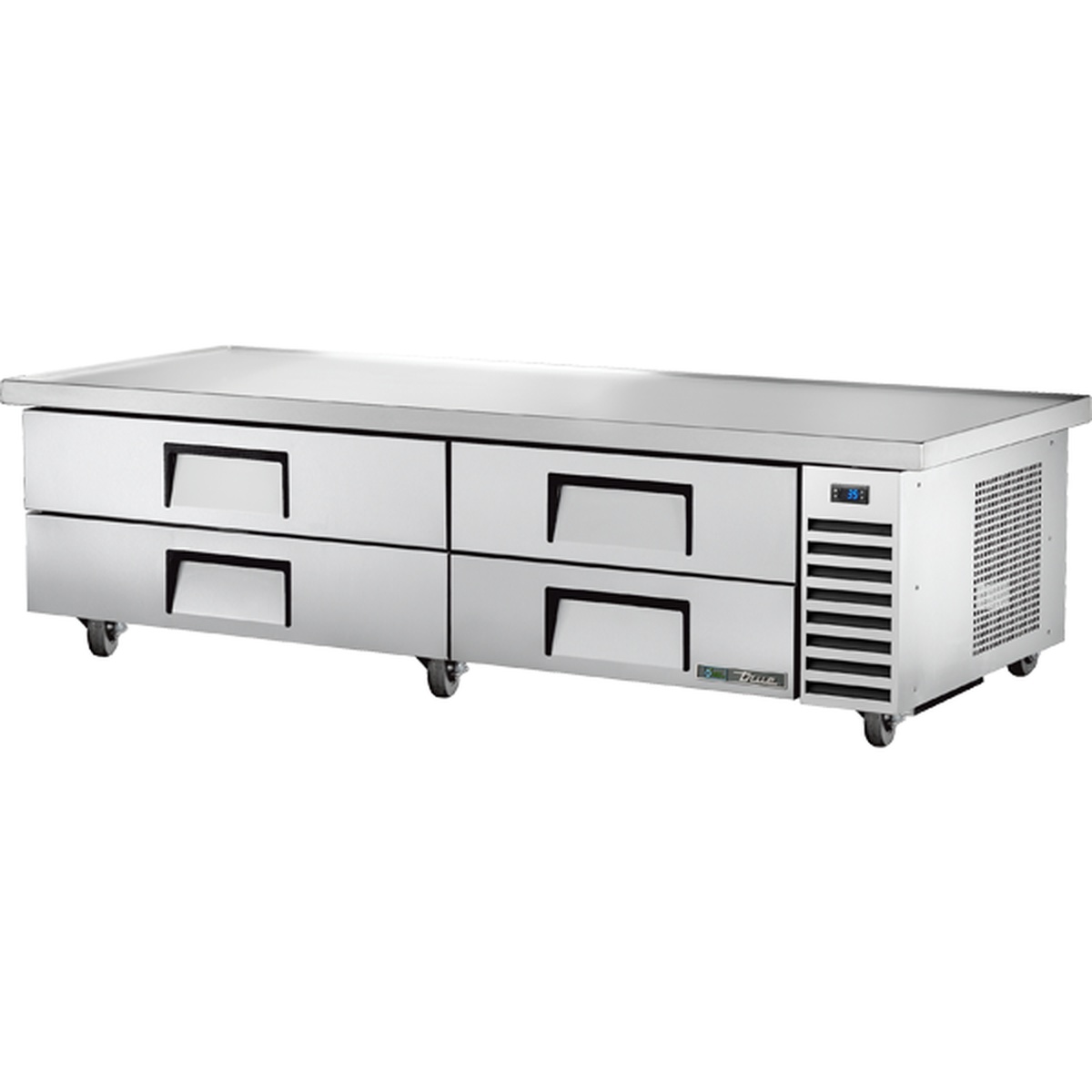 True TRCB-82-86-HC 86-inch four-drawer refrigerated chef base with stainless steel top and casters