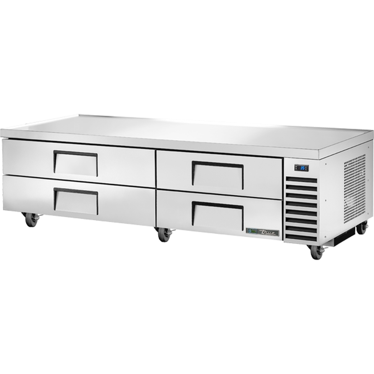 True TRCB-82-HC 82-inch refrigerated chef base with four stainless steel drawers and side-mounted refrigeration unit on casters