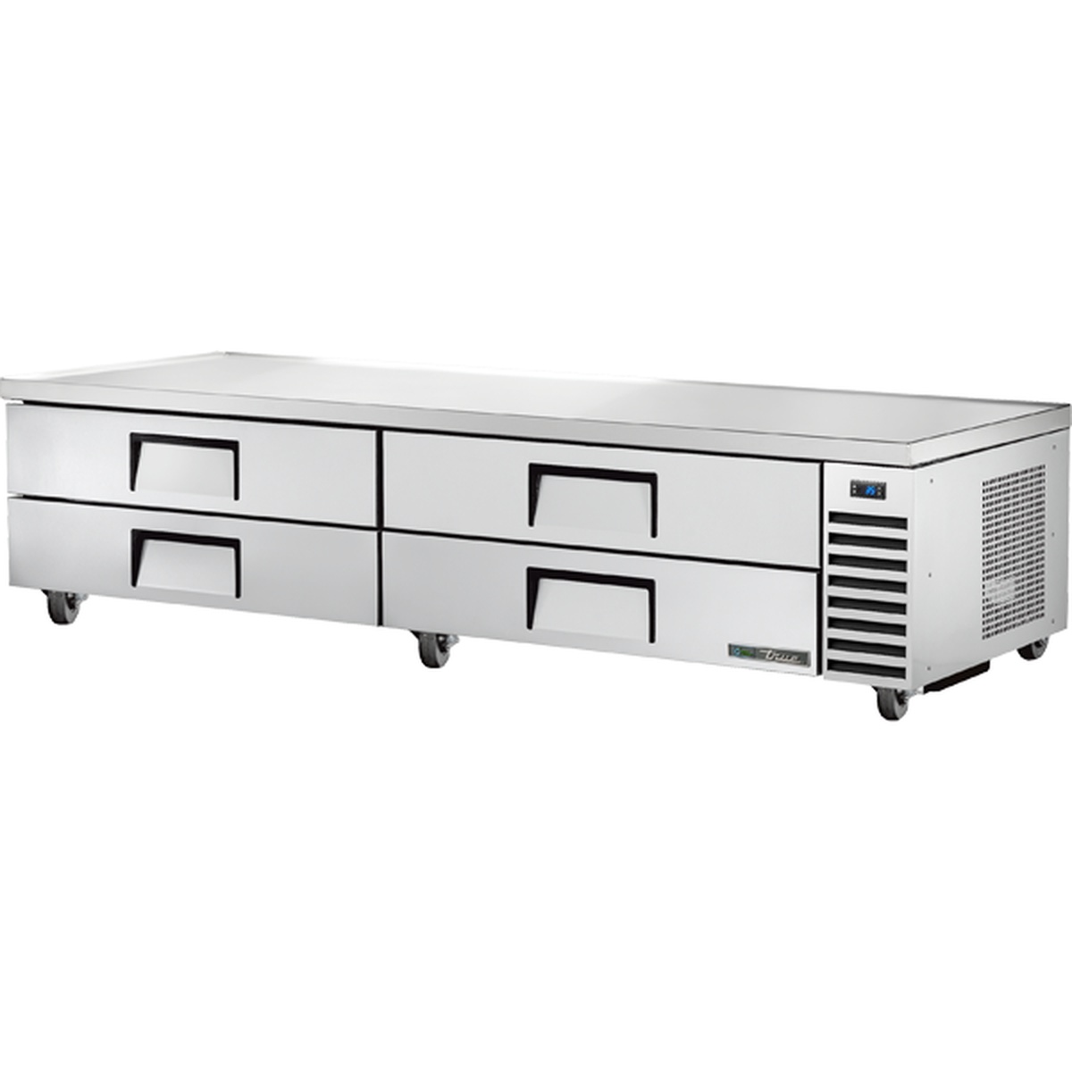 True TRCB-96-HC 95-1/2-inch refrigerated chef base with four stainless steel drawers and side-mounted condenser on 4-inch castors