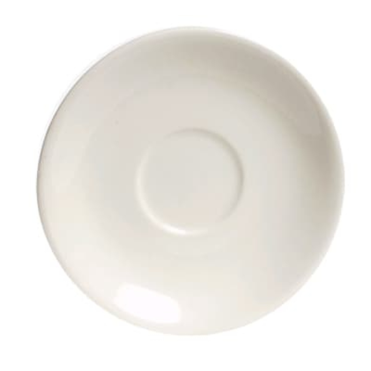Tuxton TRE-002 6-inch round coupe saucer in American White/Eggshell finish, top-down view