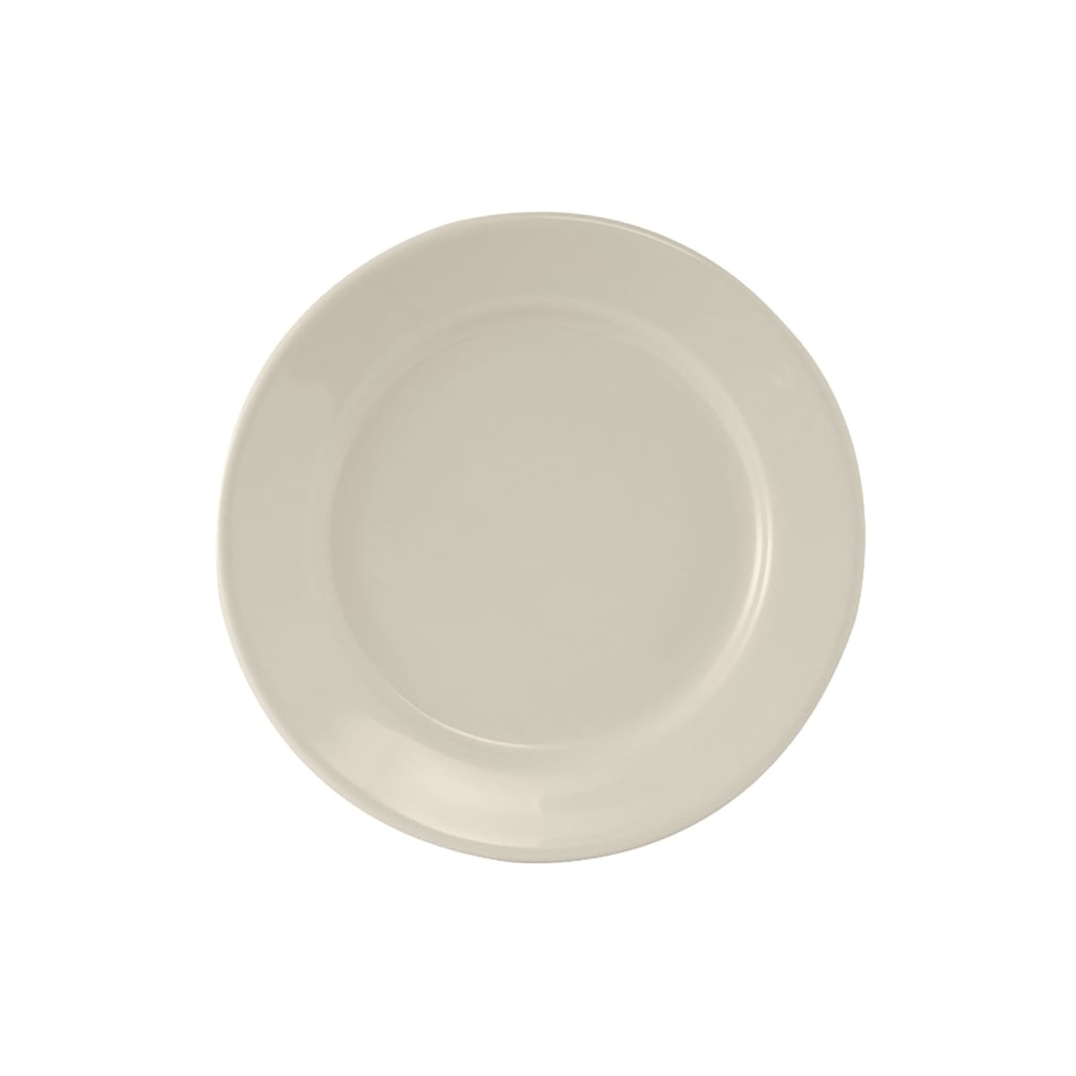 Tuxton China Reno TRE-005 5.5-inch round eggshell white ceramic plate with wide rim and rolled edge, top-down view