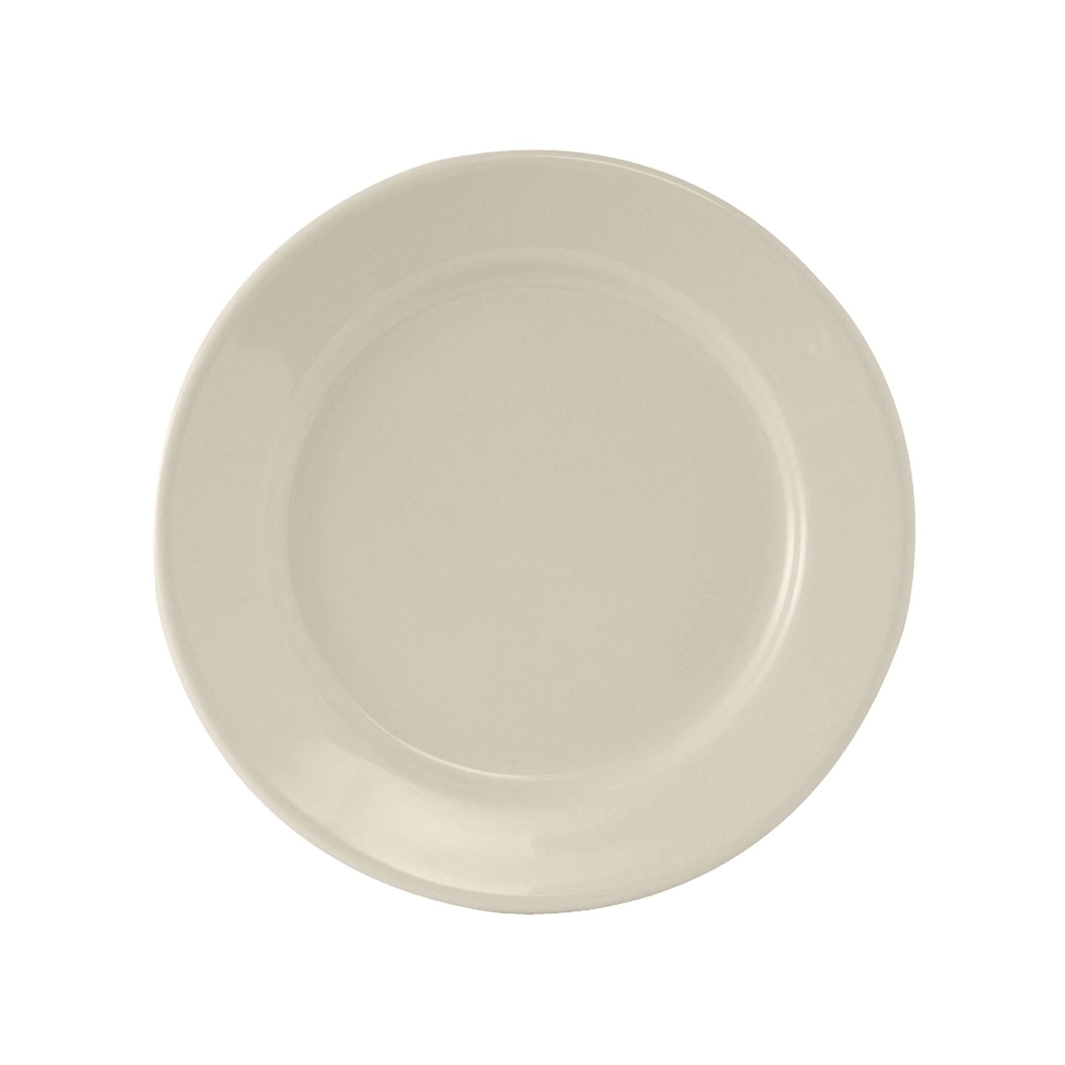 Tuxton Reno eggshell wide rim round plate, top-down view on white background