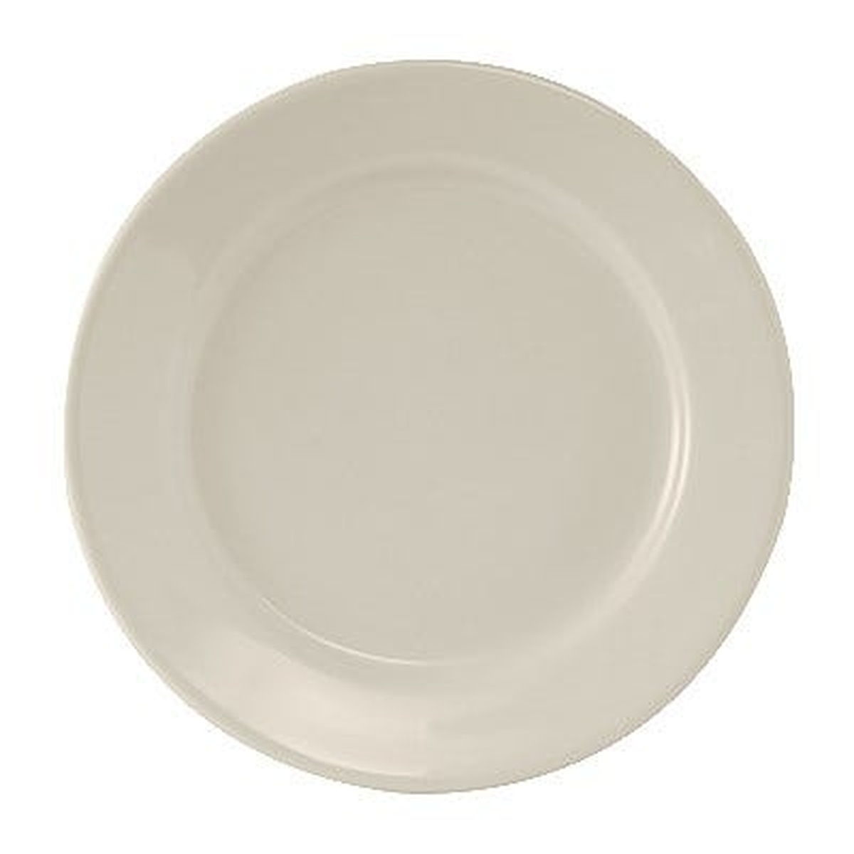 Tuxton TRE-009 9-5/8 inch round wide rim rolled edge plate, top view, American white