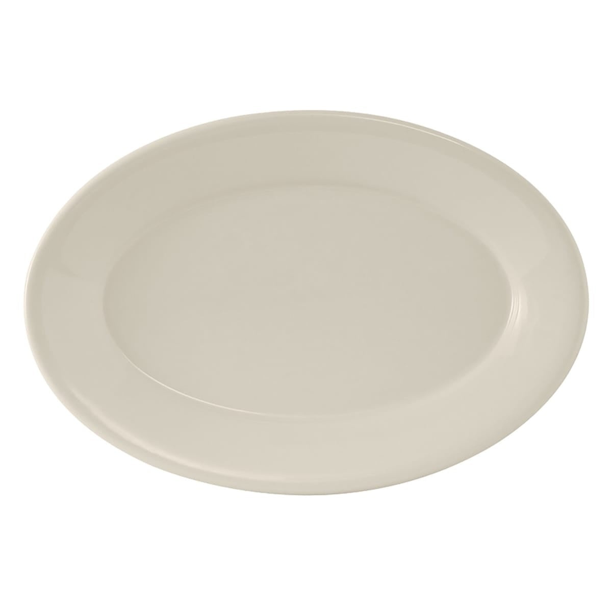 Tuxton China TRE-012 oval Reno platter in American White/Eggshell, perspective side-angle view highlighting the rolled edge profile
