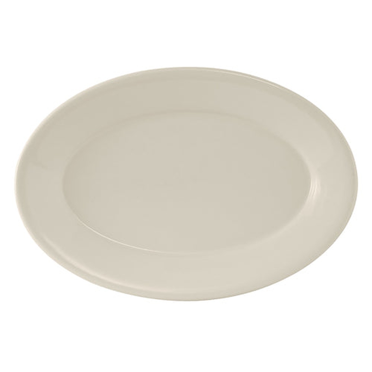 Tuxton China TRE-012 oval Reno platter in American White/Eggshell, top-angle view showing wide rim and rolled edge