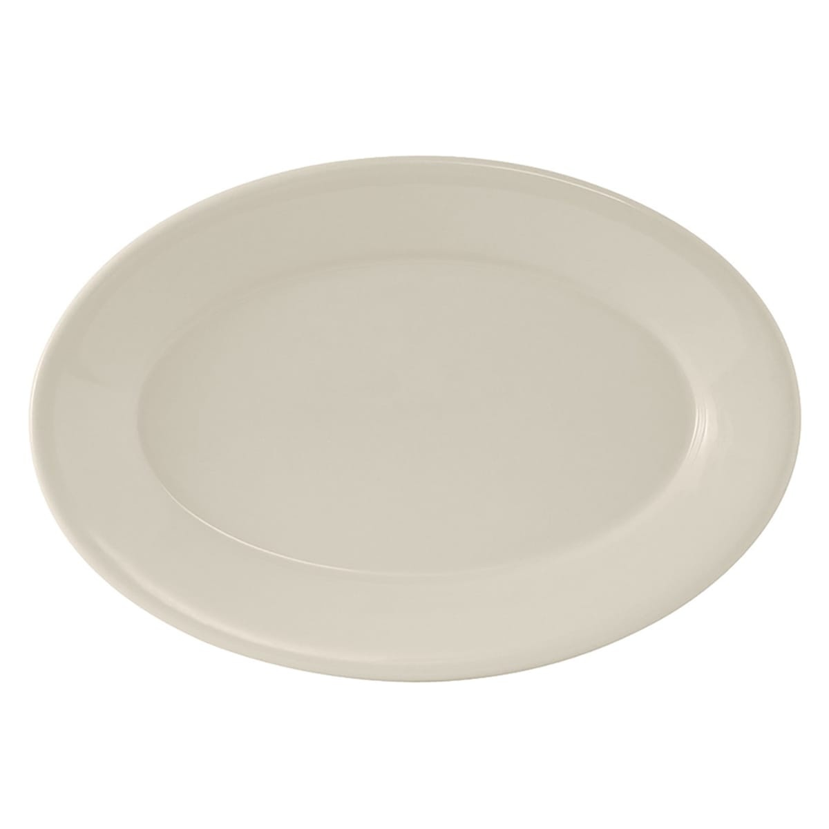 Tuxton TRE-013 oval ceramic platter in American White/Eggshell with wide rim and rolled edge