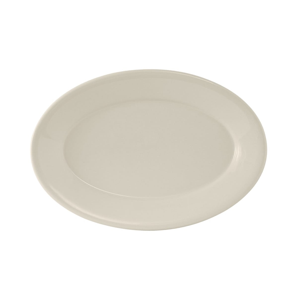 Tuxton TRE-014 oval American White/Eggshell ceramic platter with wide rolled rim, viewed from above at an angle