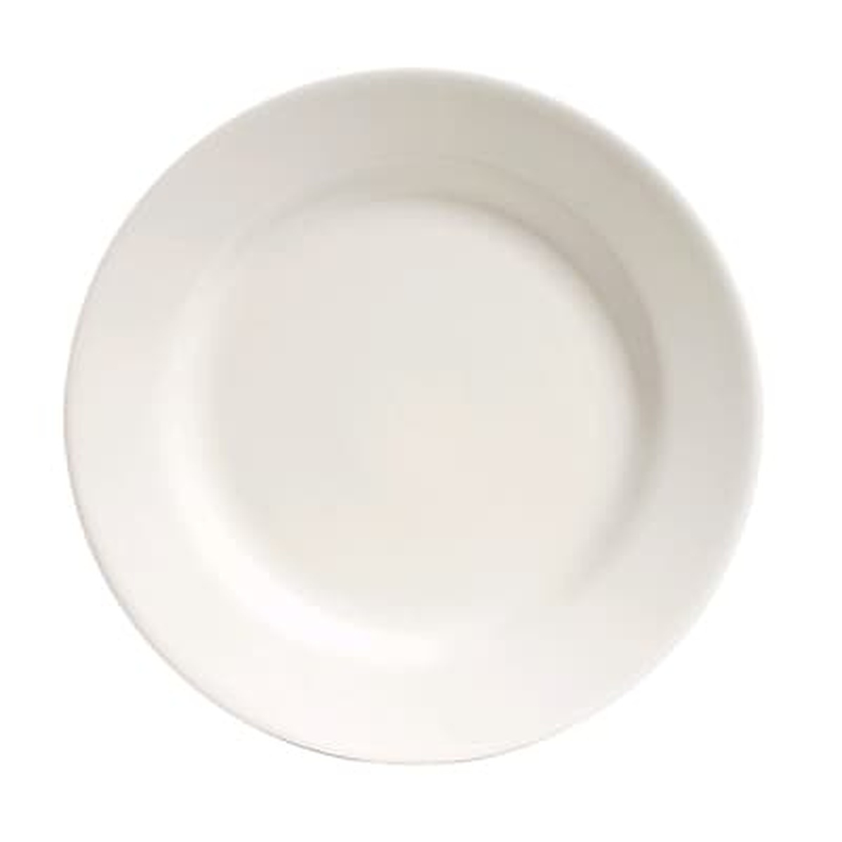 Tuxton TRE-016 Reno 10-1/2 inch round eggshell china plate with wide rim, top view