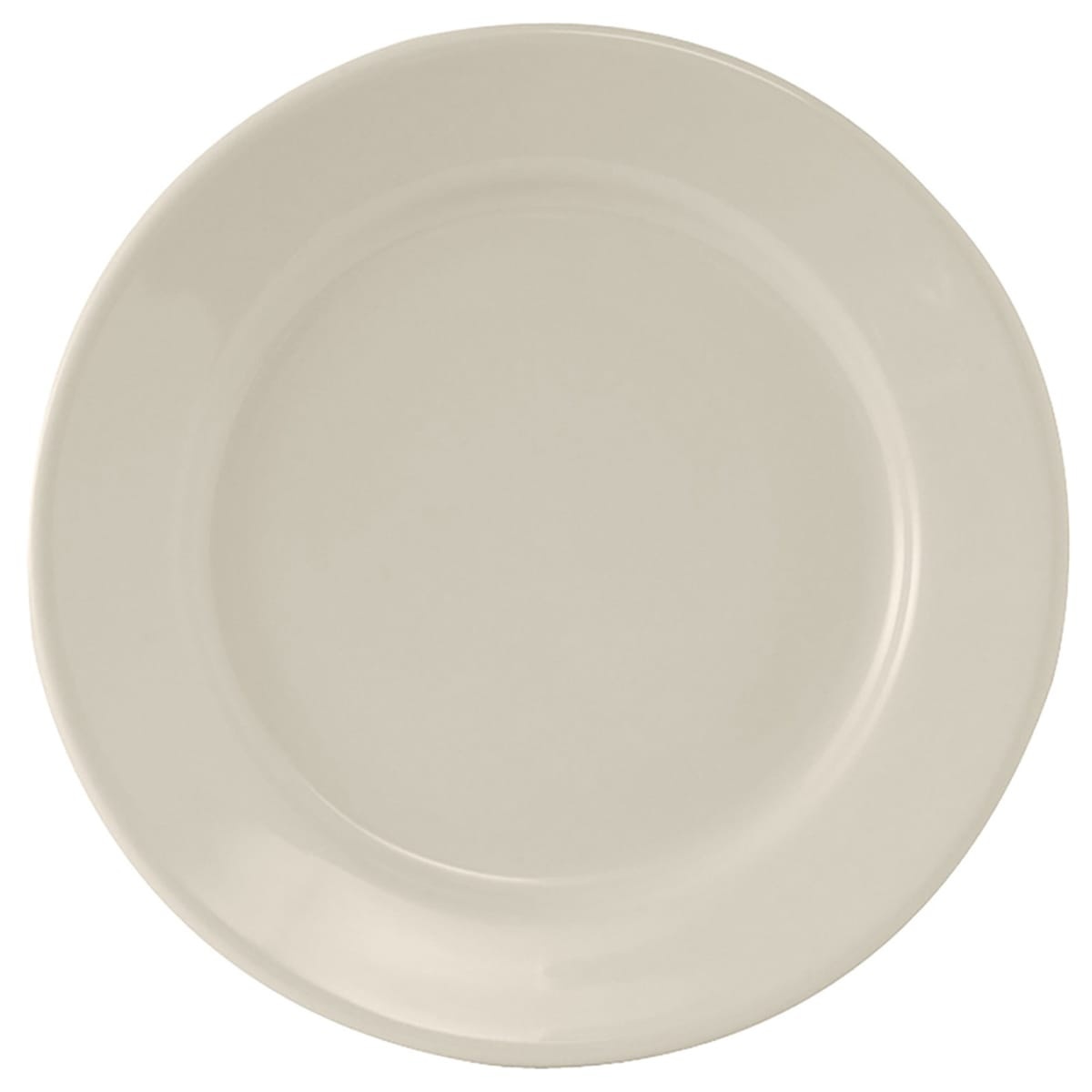 Tuxton TRE-021 12-inch round ceramic dinner plate in American White/Eggshell with wide rim and rolled edge, top-down view
