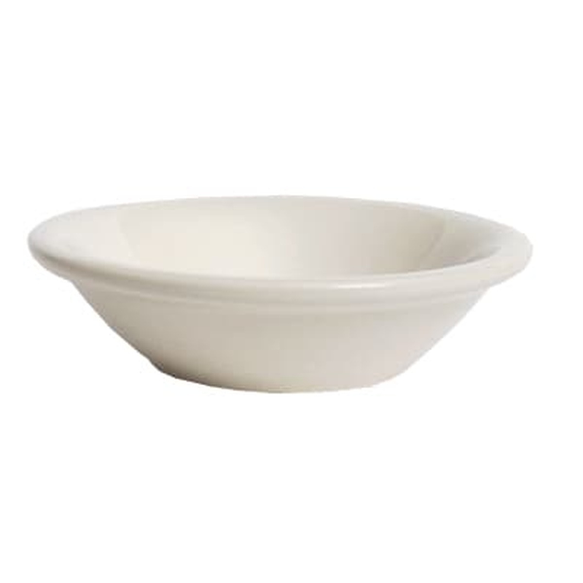 Tuxton TRE-025 eggshell coupe fruit dish, round ceramic, shown from above at a slight angle