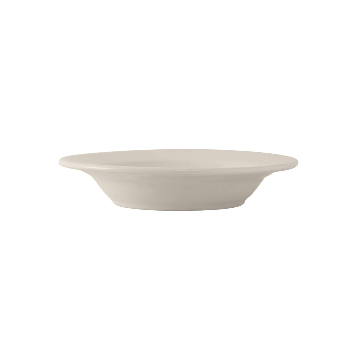 Tuxton Reno Nevada eggshell rim soup bowl, angled view showing wide rolled rim and shallow round profile