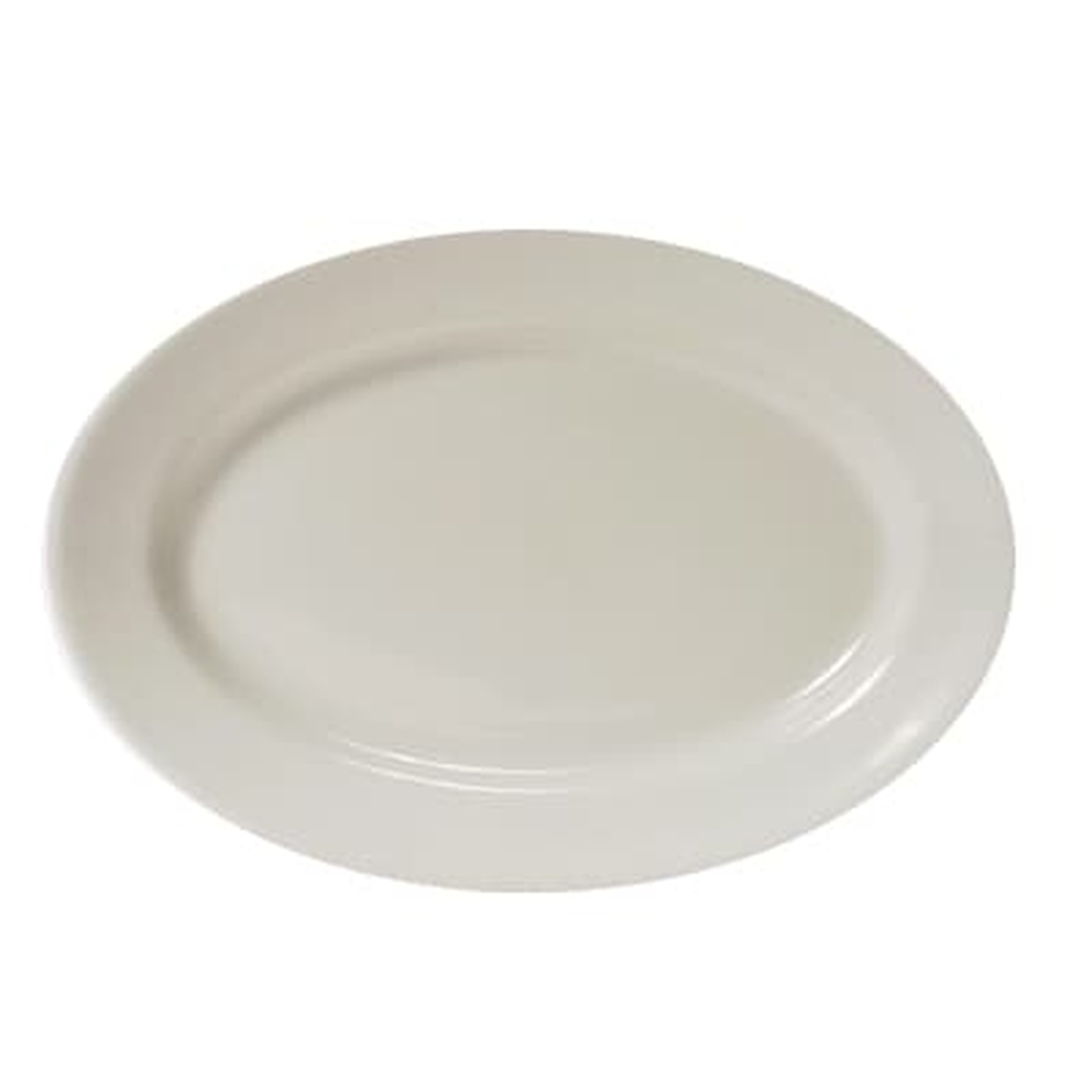 Tuxton Reno TRE-039 13.5-inch oval ceramic platter in American White/Eggshell with wide rim and rolled edge