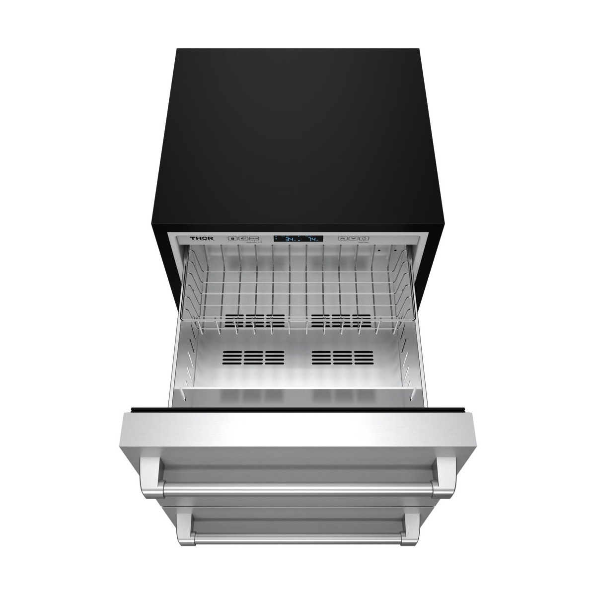 Thor Kitchen TRF24U top-down view with upper drawer open showing wire basket and digital control panel