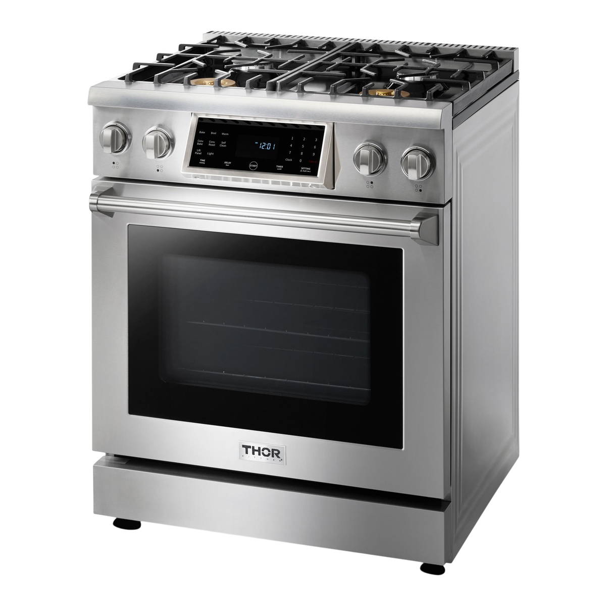 Angled front view of the stainless steel gas range