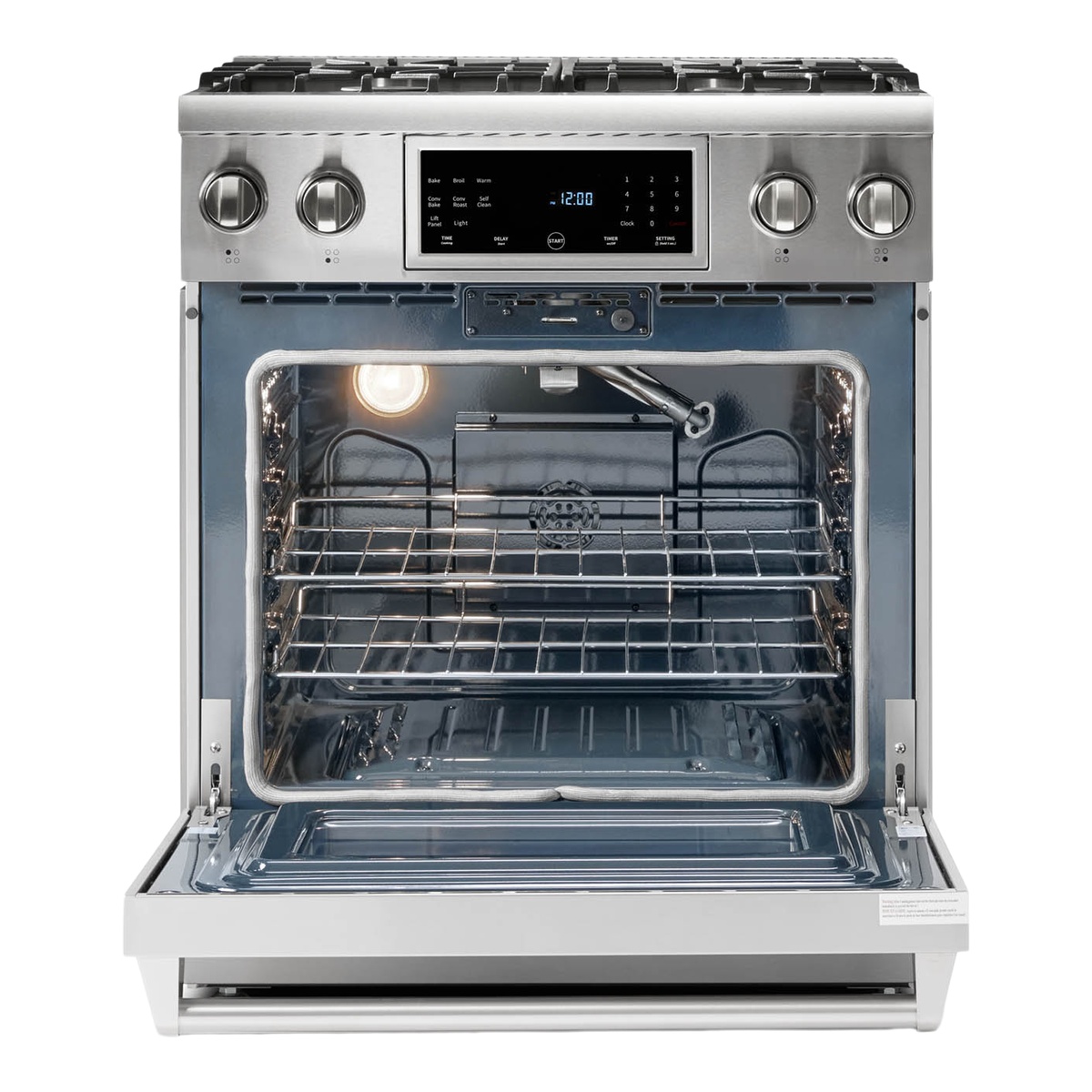 Oven interior view with door open showing racks and oven light