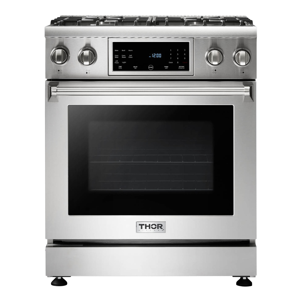 Front view of Thor Kitchen TRG3001 30-inch stainless steel gas range with tilt panel display