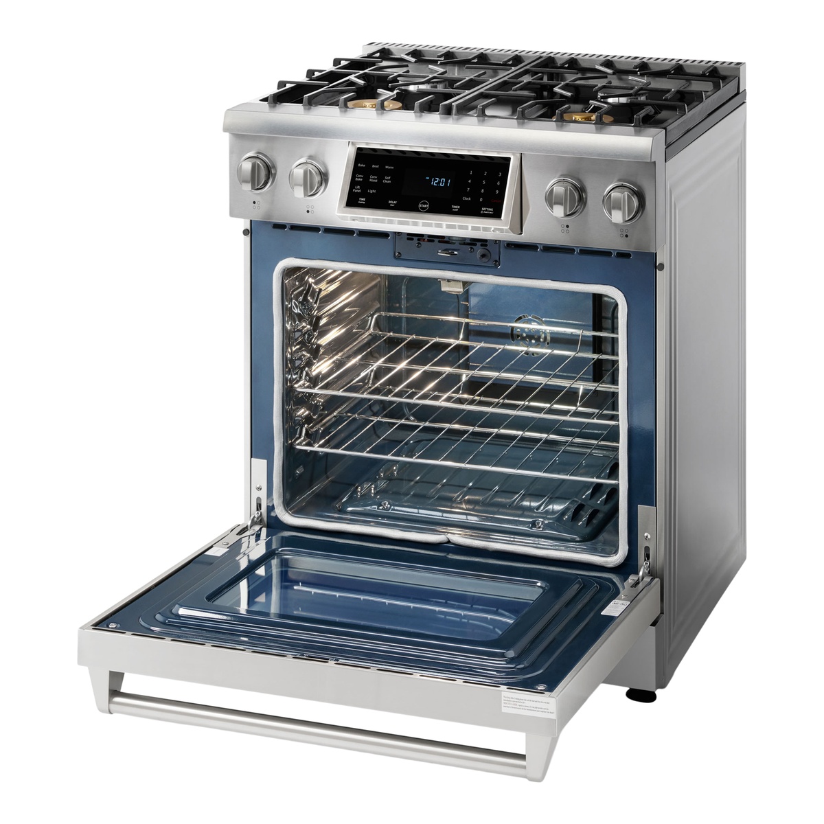 Angled view of the range with oven door open