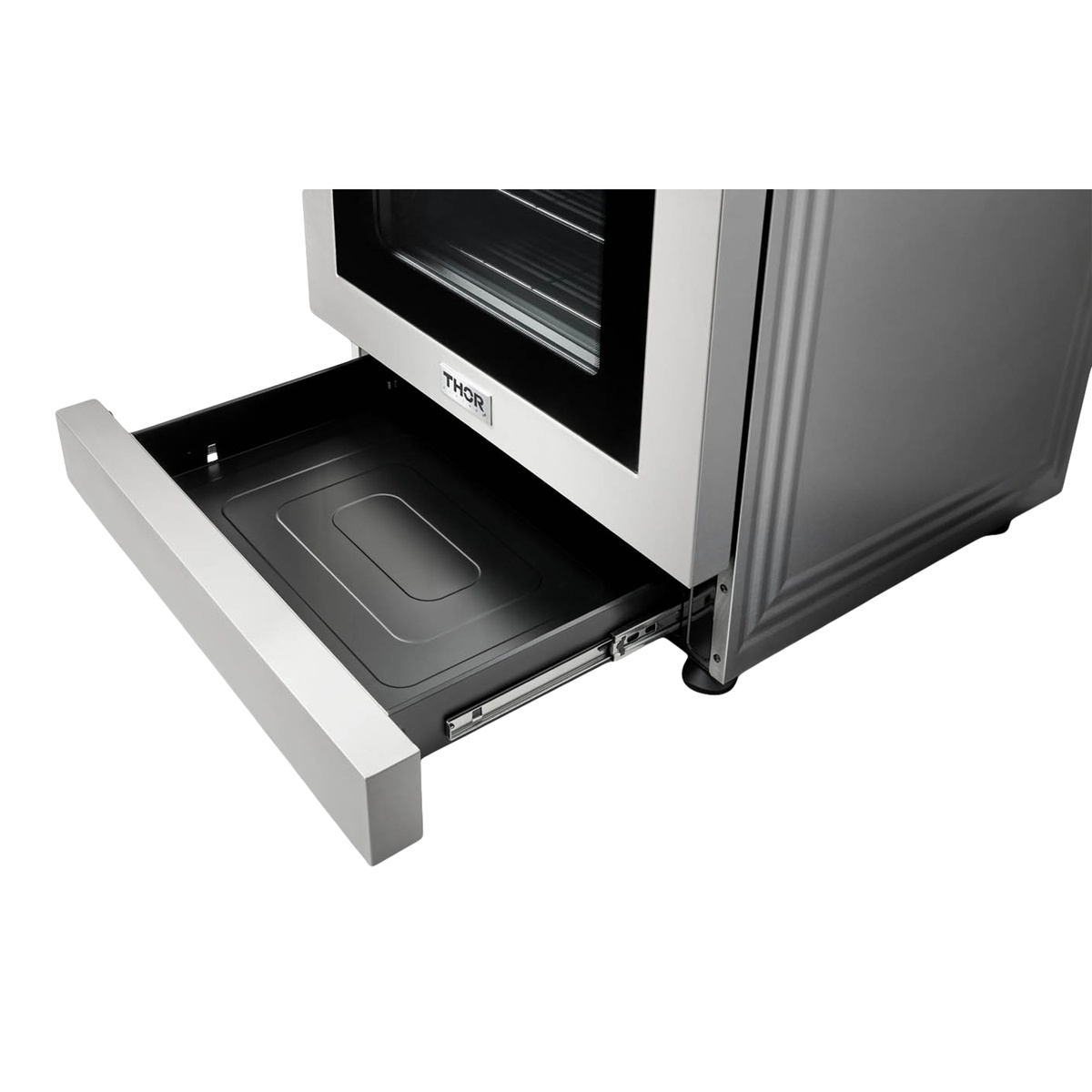 Lower storage drawer pulled open beneath the oven