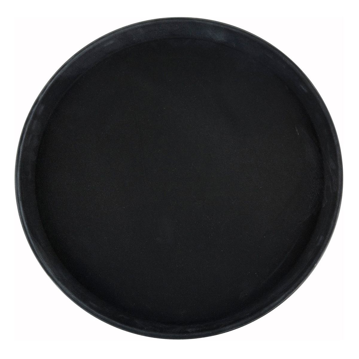 Winco TRH-14K 14-inch round black plastic serving tray with rubber lining, top-down view