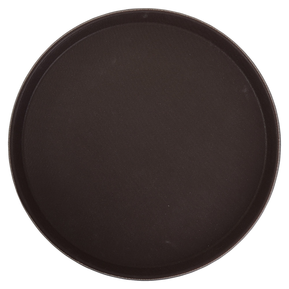 Winco TRH-16 16-inch round brown rubber-lined plastic serving tray, top-down view