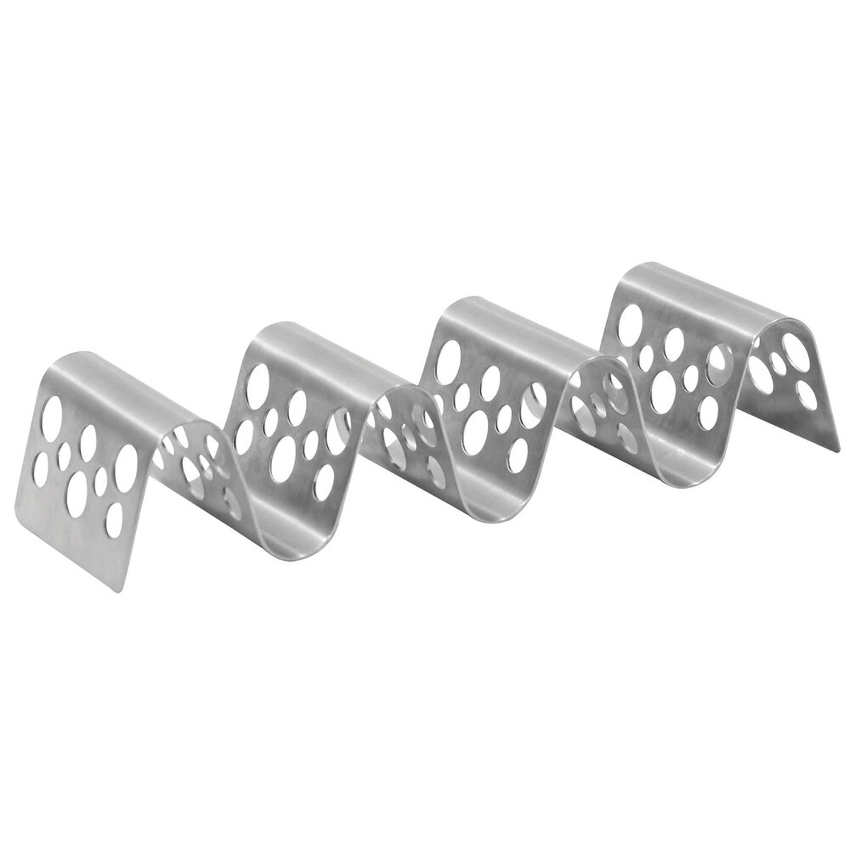 TableCraft TRSP34 stainless steel taco holder with stamped circle pattern showing wave-form compartments
