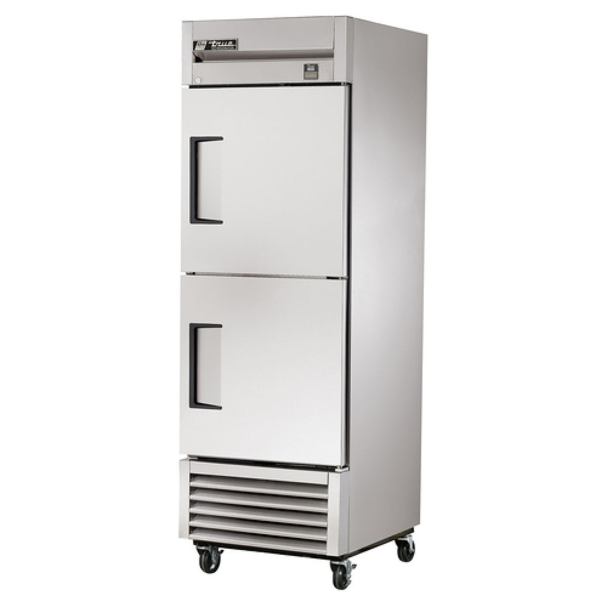 Angled view of True TS-23-2-HC solid half-door refrigerator on casters