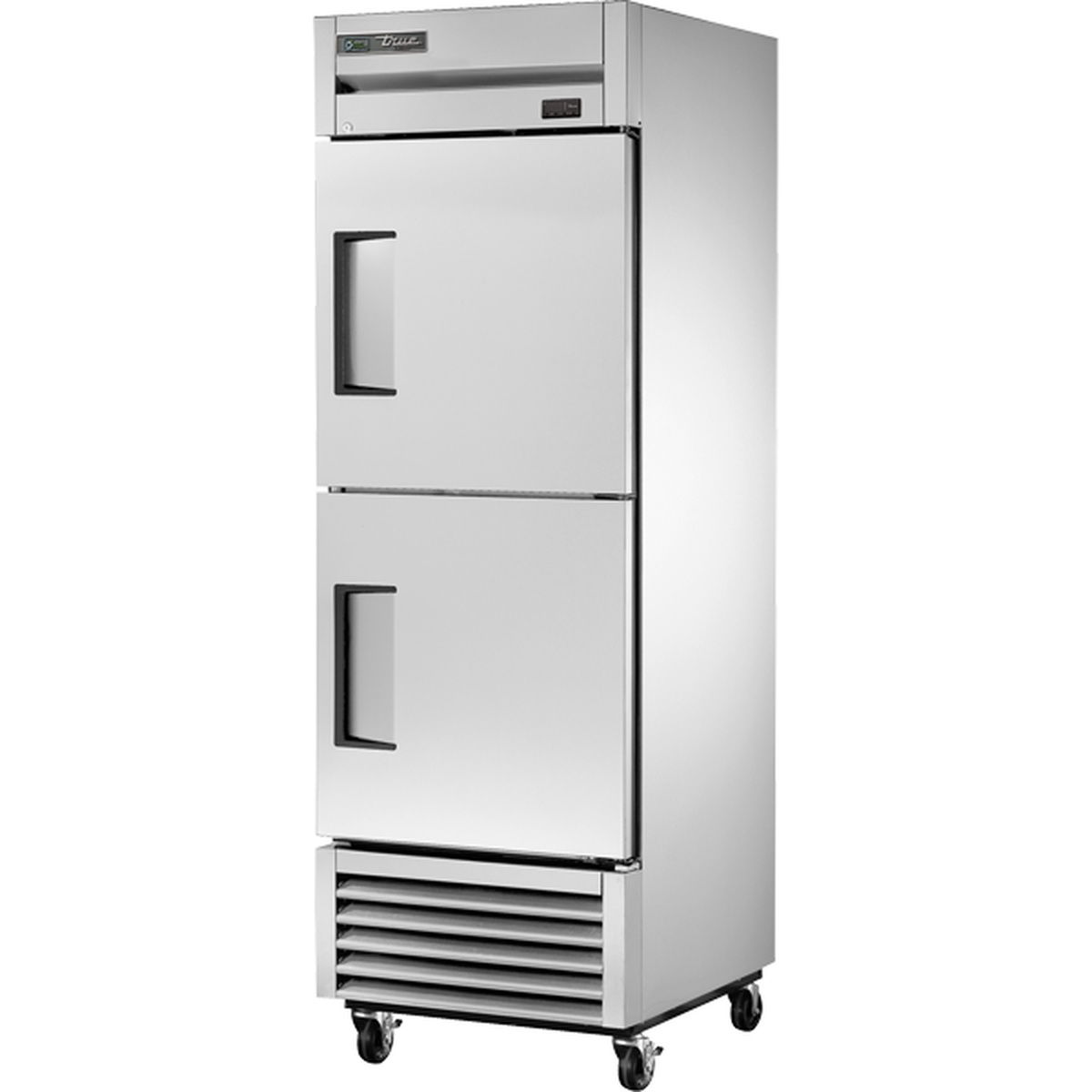 True TS-23F-2-HC one-section reach-in freezer with two stainless steel half swing doors and bottom-mounted refrigeration on casters