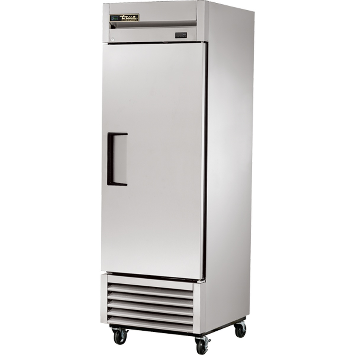 True TS-23F-HC single solid stainless steel door reach-in freezer on casters with bottom-mounted compressor