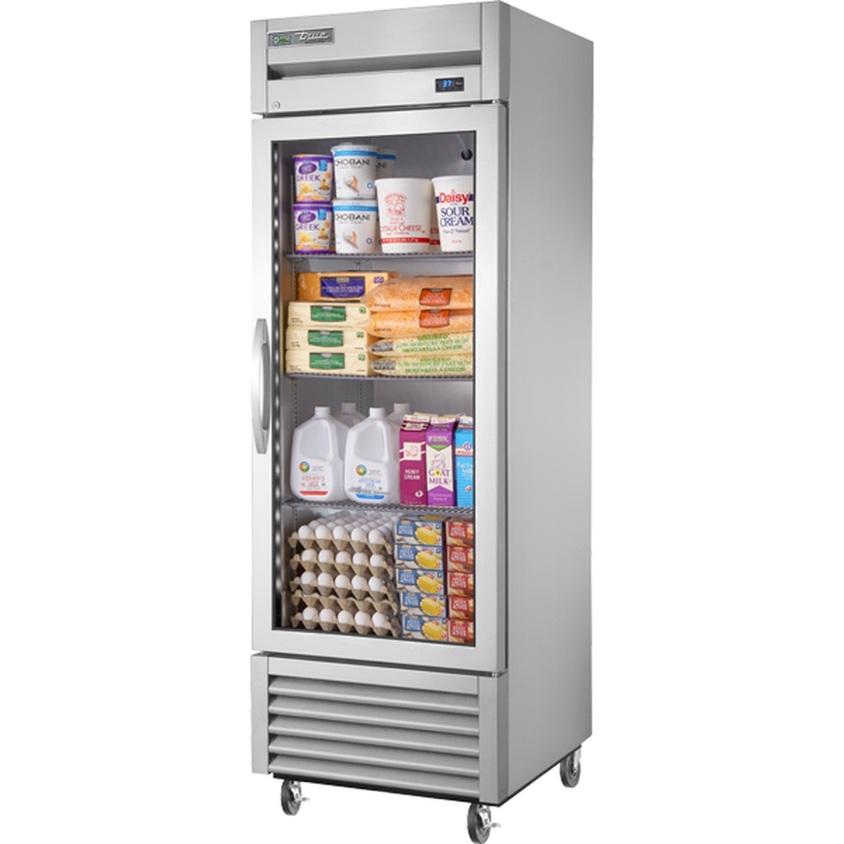 True TS-23G-HC~FGD01 single-section reach-in refrigerator with framed glass door, stainless steel exterior, and bottom-mounted compressor on casters