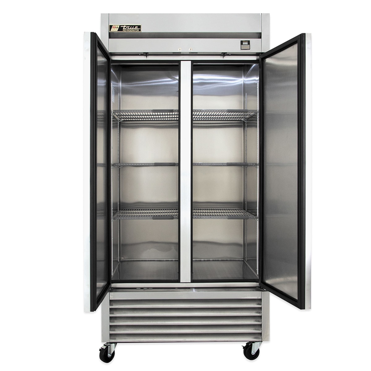 True TS-35-HC refrigerator interior with doors open and wire shelves