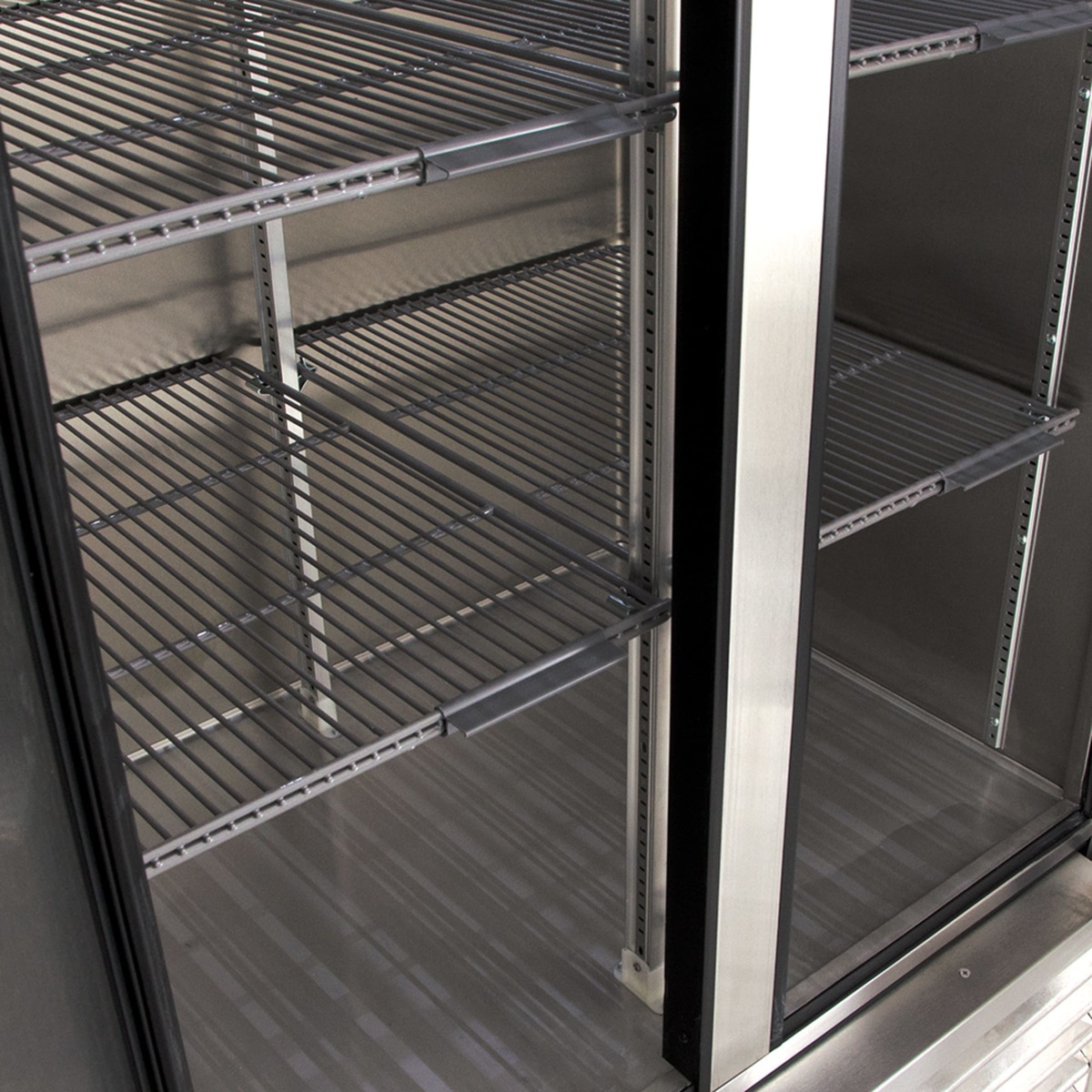 Close up of True TS-35-HC interior shelf supports and lighting