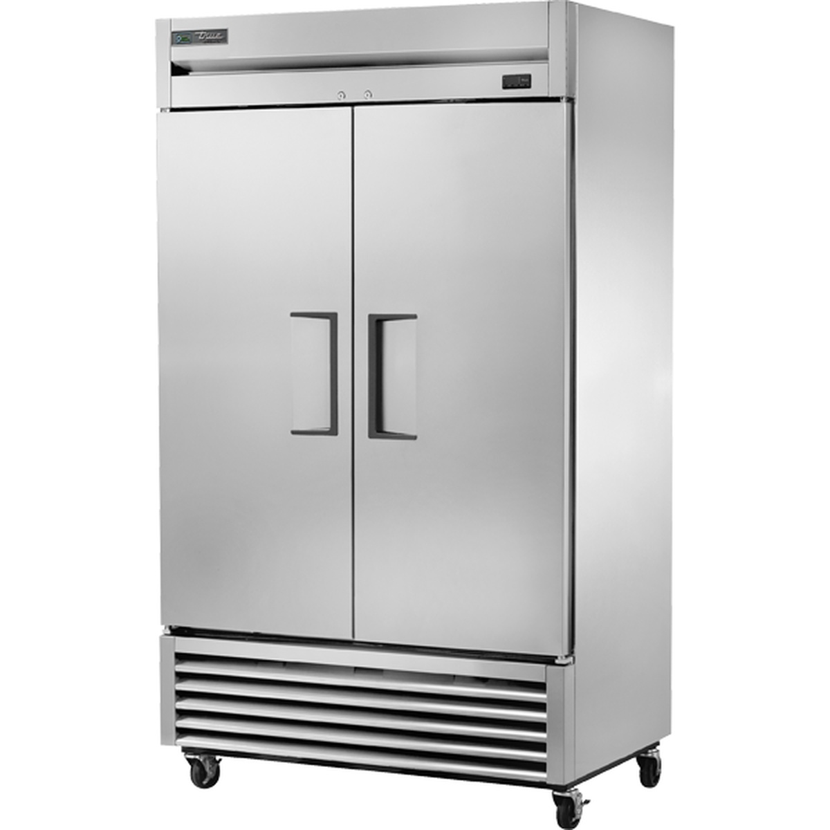 True TS-43-HC two-section stainless steel reach-in refrigerator with solid swing doors and bottom-mount compressor on casters
