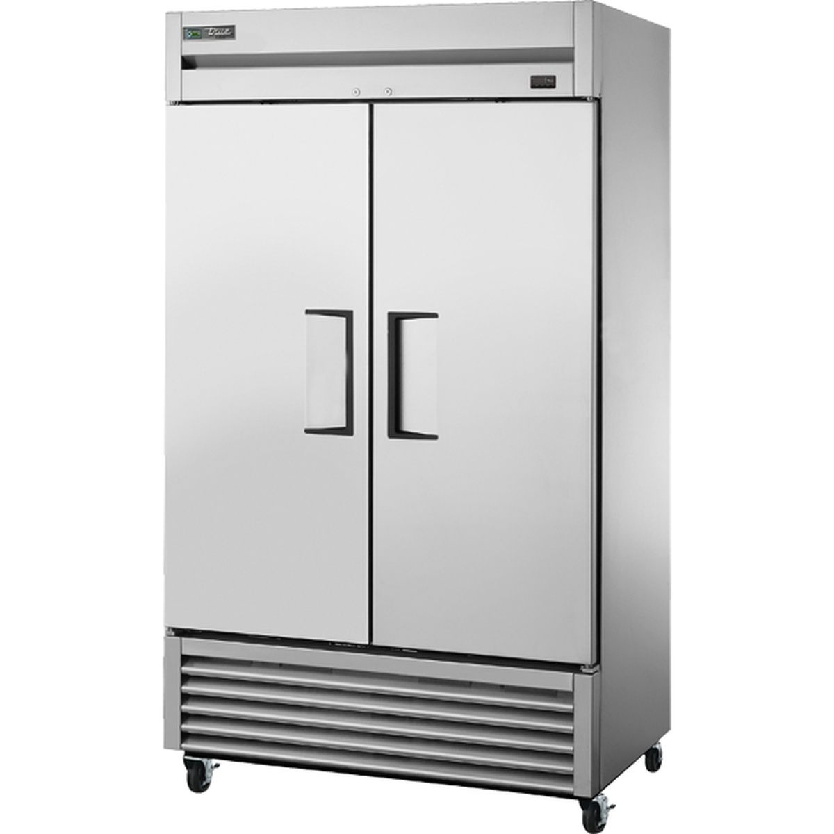 True TS-43F-HC two-section stainless steel solid door reach-in freezer on casters