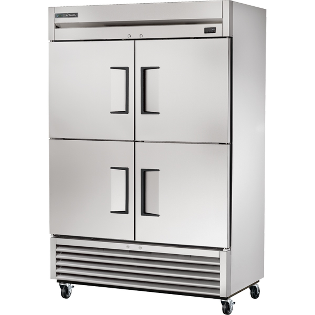 True TS-49-4-HC two-section reach-in refrigerator with four solid stainless steel half-swing doors and bottom-mounted compressor on casters