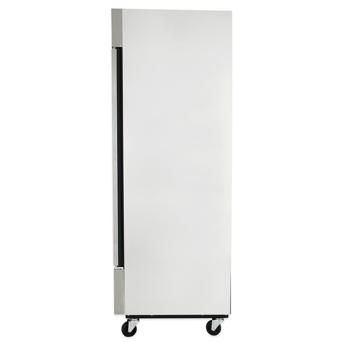 Side view of True TS-49-HC reach-in refrigerator showing cabinet depth and caster base