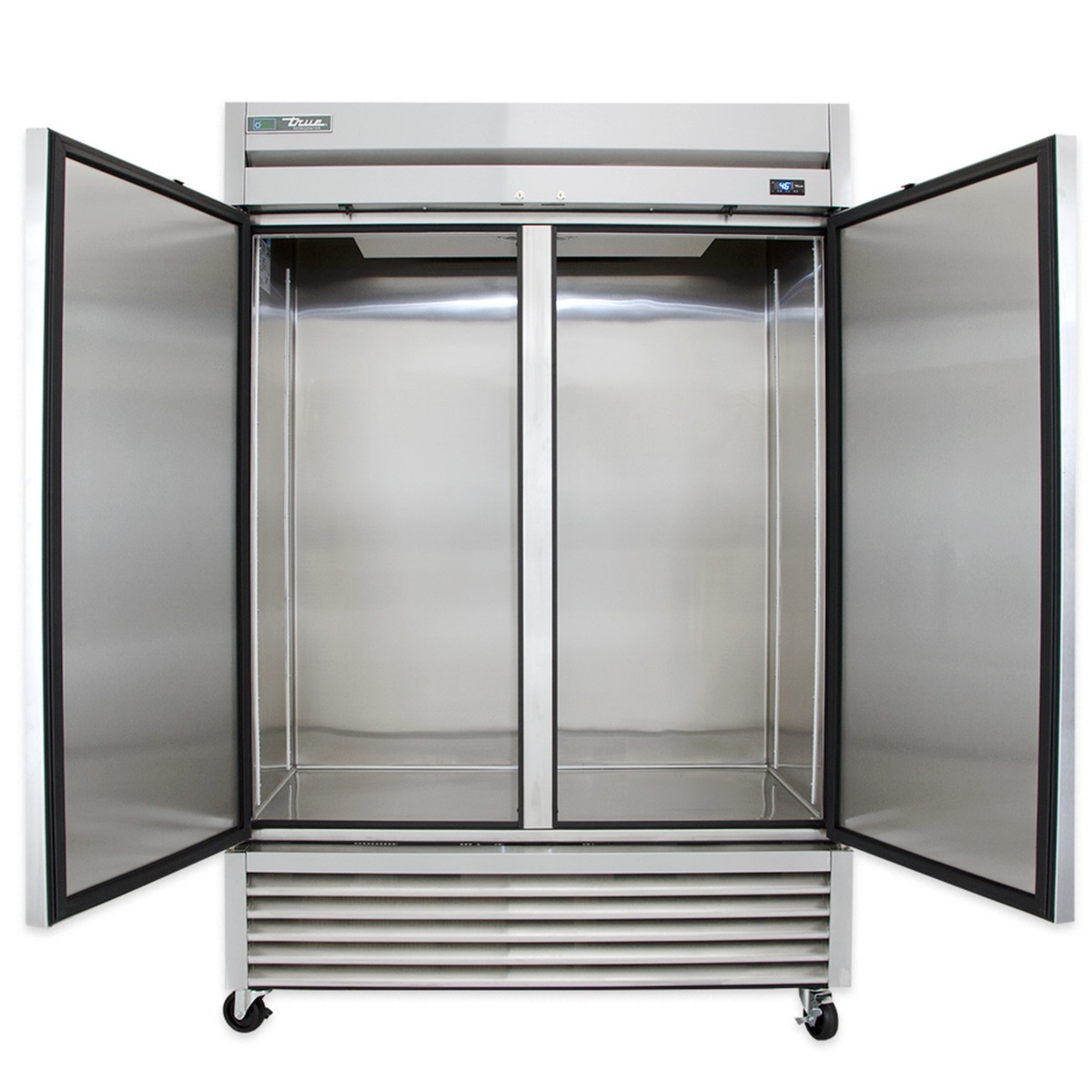 True TS-49-HC reach-in refrigerator with both solid doors open showing stainless interior